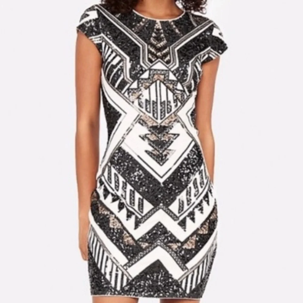EXPRESS Gold Black Sequin Mini Dress Size XS - Picture 3 of 8